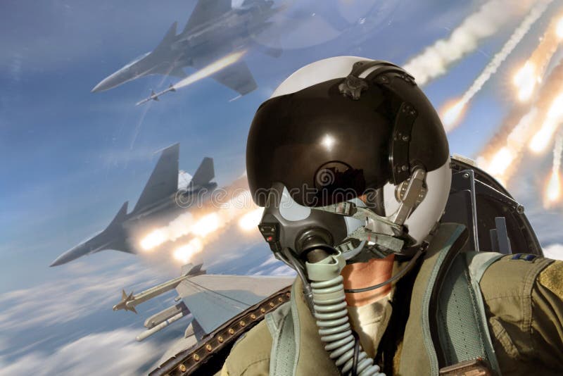 Pilot cockpit view during air to air combat with missiles flares chaff being deployed