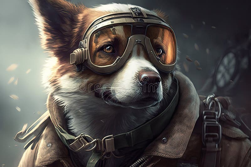 Pilot Dog, in Flight Jacket and Goggles, Ready for Action in the
