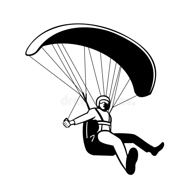 Pilot Flying Paraglider Paragliding Mascot Black and White Retro
