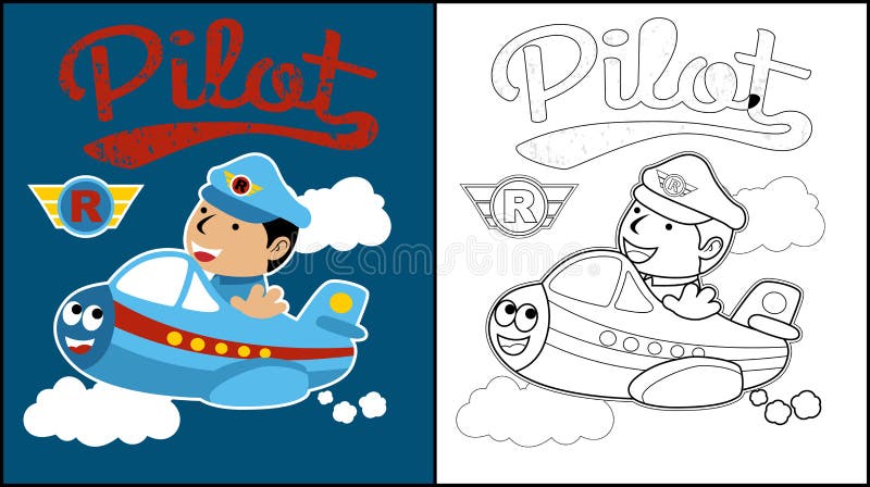 Little pilot cartoon on funny air plane stock illustration