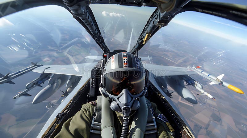 Pilot Perspective: Aerial View from Fighter Jet Cockpit Amidst Airborne Squadron royalty free stock images