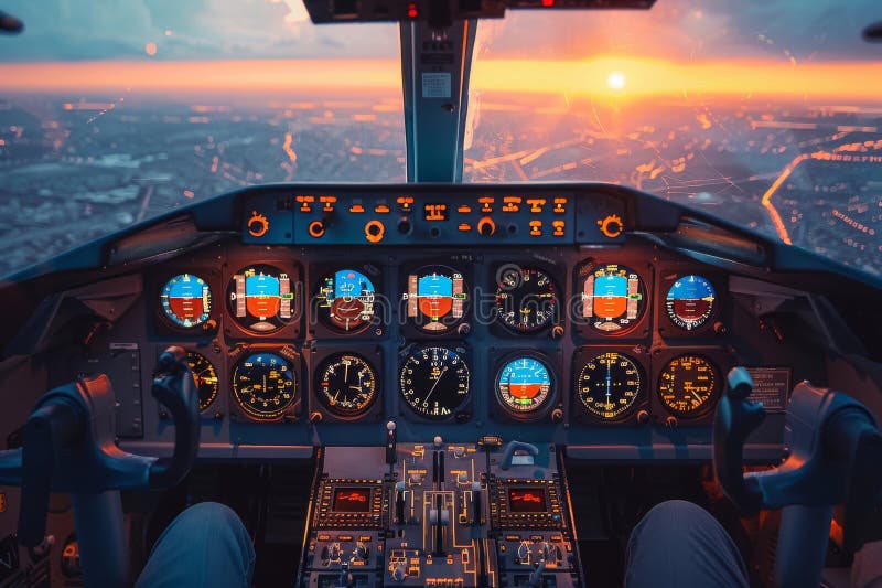 Pilot's perspective in a bright, modern airplane cockpit at sunrise royalty free stock photo