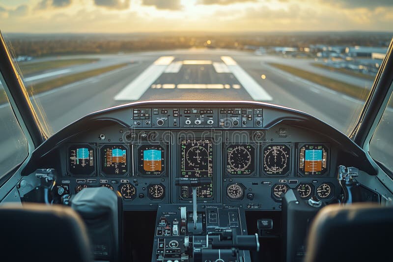 Captivating cockpit view during landing as the sun sets on the horizon stock photo