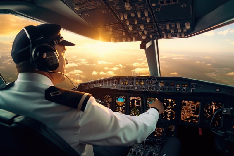 A pilot seated in the cockpit of a plane, gazing out of the window. This image can be used to depict the perspective and royalty free stock images