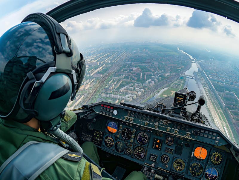 Pilot View from Cockpit Over Urban Landscape royalty free stock image