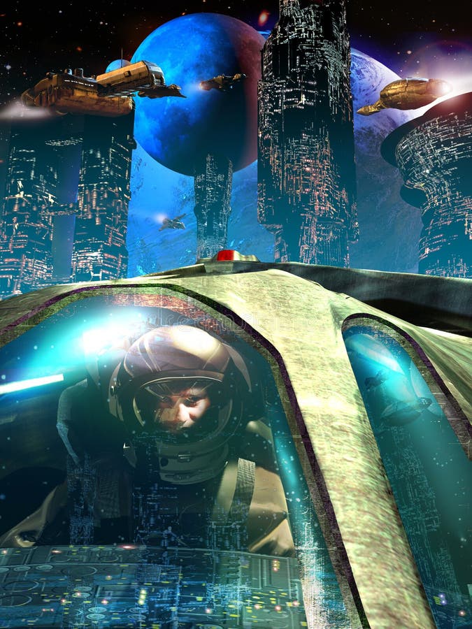 Pilota in città futuristica royalty illustrazione gratis