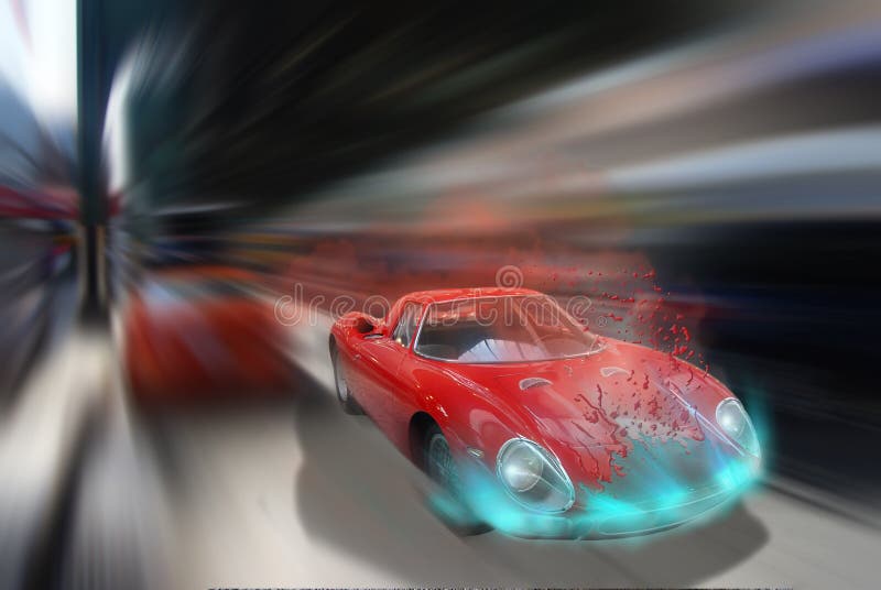 A Ferrari running at high speed. Its speed is so high that the painting of the body melts under the heat. A Ferrari running at high speed. Its speed is so high that the painting of the body melts under the heat