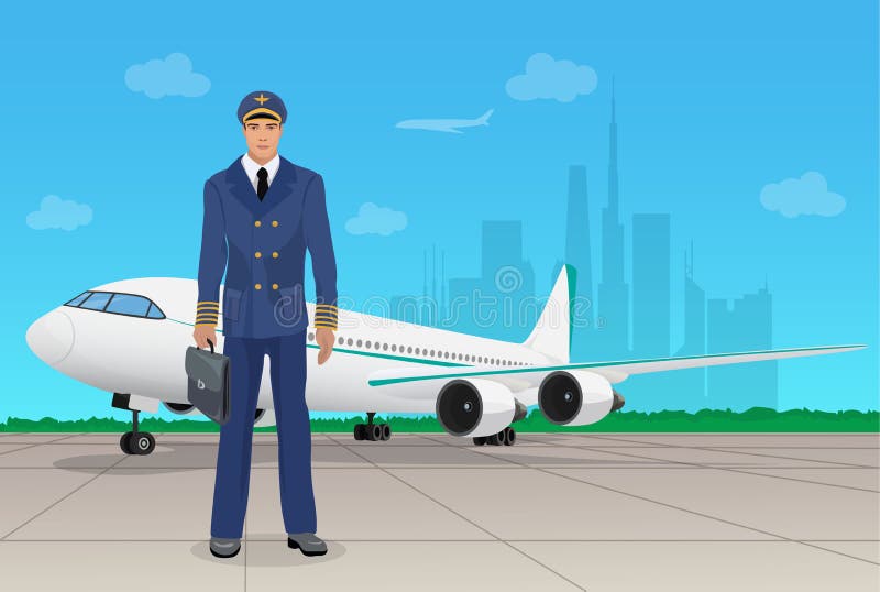 Piloto en aeroplano cercano uniforme en el aeropuerto Ilustración del vector stock de ilustración Piloto en aeroplano cercano uniforme en el aeropuerto Ilustración del vector stock de ilustración