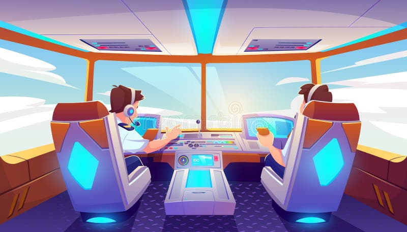 Pilots in airplane cockpit, jet with control panel royalty free illustration