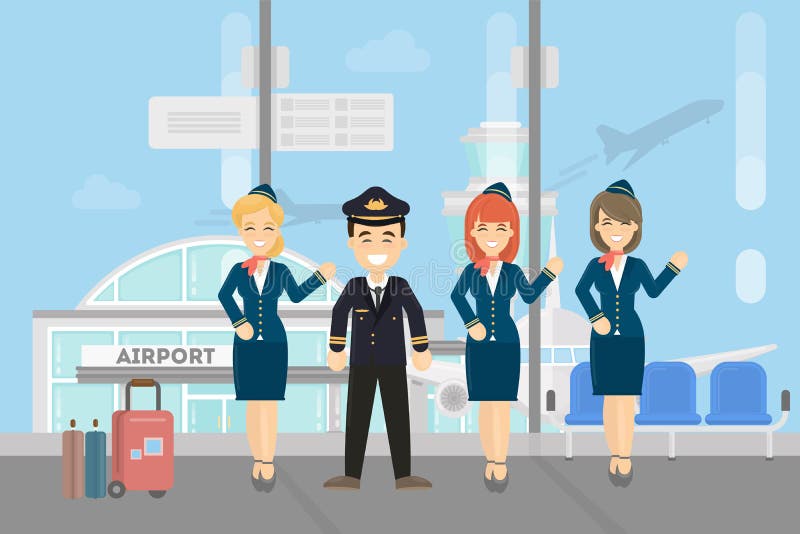 Pilots crew on white background. Pilots wih stewardesses at the airport. Pilots crew on white background. Pilots wih stewardesses at the airport.