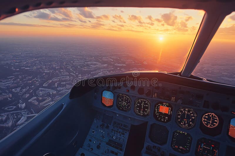 Pilots point of view of driving airplane stock illustration