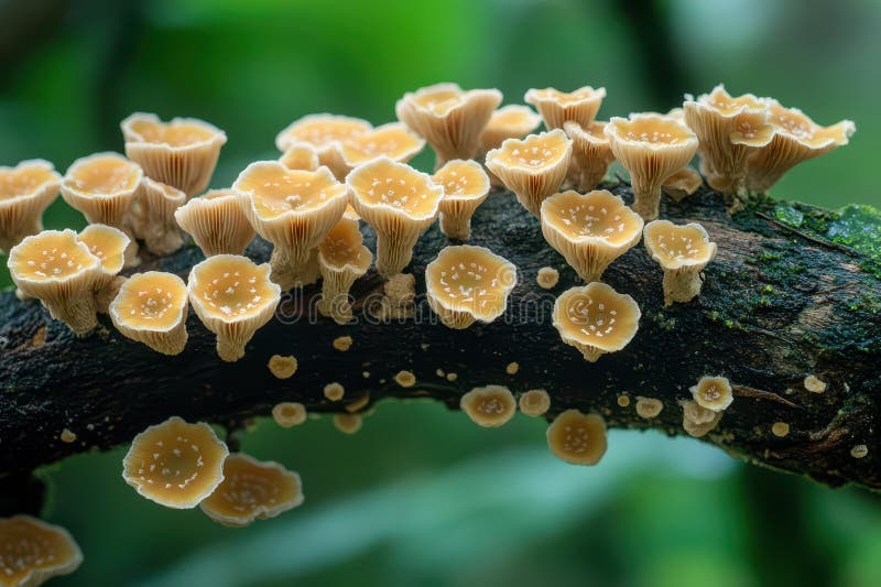 Pilze, die auf einem Zweig in einem üppigen Waldgebiet wachsen. Cluster kleiner beige Pilze gedeihen auf einem moosbedeckten Zweig in einem lebendigen Wald bei Tageslicht. AI generiert