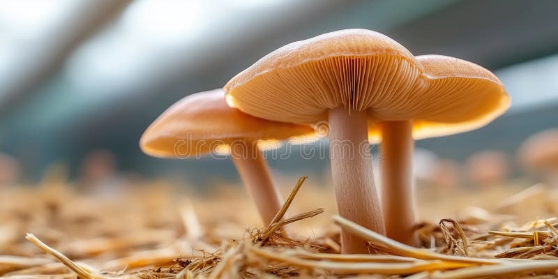 Pilze, die auf Stroh wachsen, zeigen in direkter Sicht ihre zarten Eigenschaften vektor abbildung