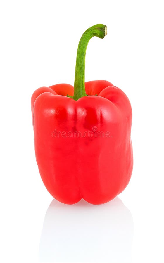 Pimenta de sino vermelha doce com a haste verde no fundo branco com reflexão da sombra fotografia de stock royalty free Pimenta de sino vermelha doce com a haste verde no fundo branco com reflexão da sombra fotografia de stock royalty free