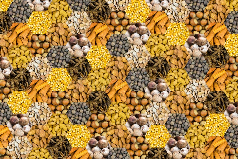 Pimento star anise stick cinnamon icons honeycomb pattern culinary coconuts nuts forest and almonds set polygon background base royalty free stock image Pimento star anise stick cinnamon icons honeycomb pattern culinary coconuts nuts forest and almonds set polygon background base royalty free stock image