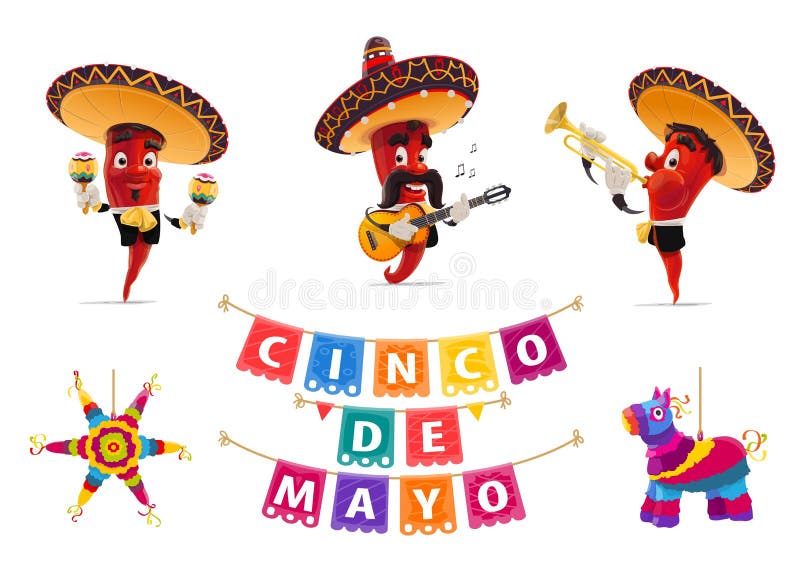 Cinco de Mayo holiday jalapeno pepper musicians, pinata and papel picado flags, vector Mexican fiesta. Red pepper in sombrero hats, maracas, mariachi musician guitar and trumpet, carnival festive. Cinco de Mayo holiday jalapeno pepper musicians, pinata and papel picado flags, vector Mexican fiesta. Red pepper in sombrero hats, maracas, mariachi musician guitar and trumpet, carnival festive