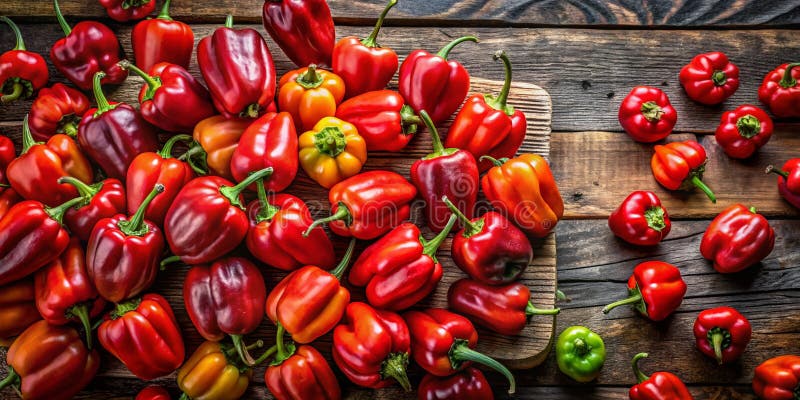 Pimientos Habaneros Rojos Ardientes: Un Deleite Culinario y Fotogénico sobre Madera Rústica, Perfectos para Exploración Urbana y G libre illustration