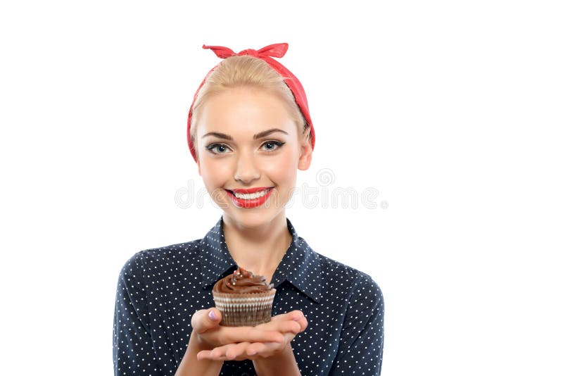 Pin acima da menina com queque fotografia de stock Pin acima da menina com queque fotografia de stock