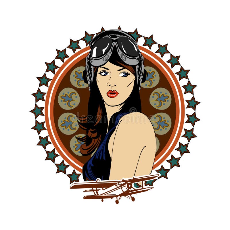 Pin encima del emblema cómico retro del vintage de la belleza del ejército de la aviación del piloto de la muchacha stock de ilustración Pin encima del emblema cómico retro del vintage de la belleza del ejército de la aviación del piloto de la muchacha stock de ilustración