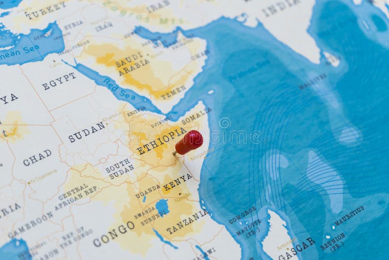 A pin on ethiopia in the world map stock image
