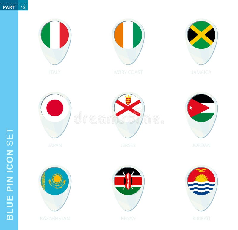 Pin flag set, map location icon in blue colors royalty free illustration