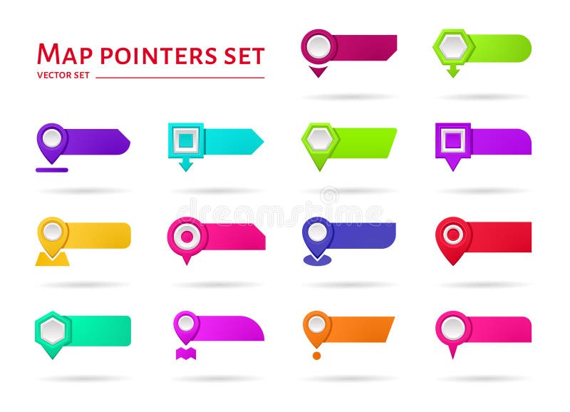 Pin icons. Map marker. 3D place mark or GPS destination point. Arrow position tag symbol. Navigation pointer. Trip stock illustration