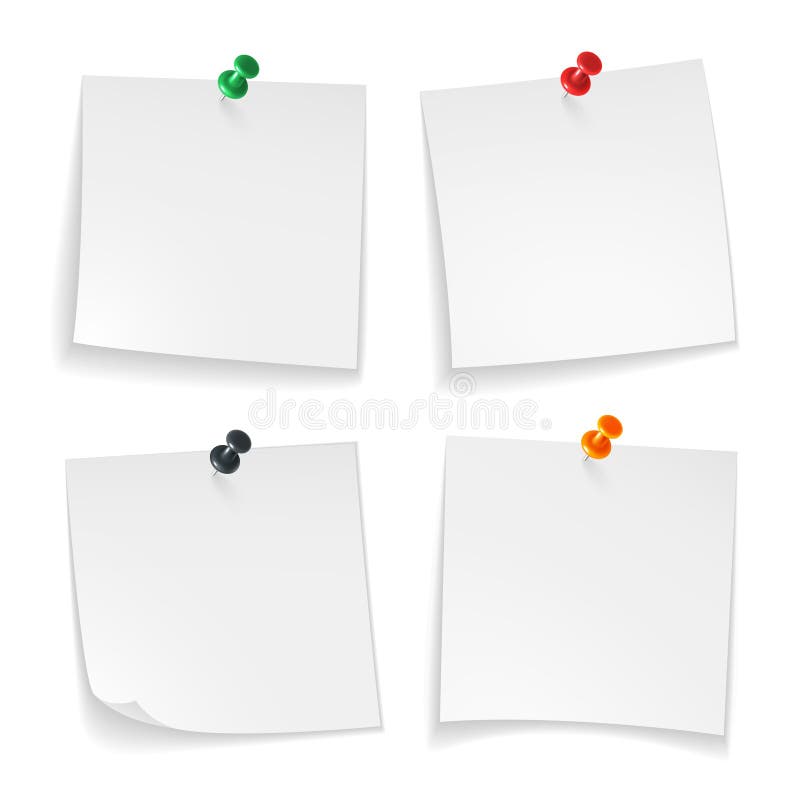 Pin notes. White note papers curled corner with pinned colored push button office board announcement message, realistic royalty free illustration