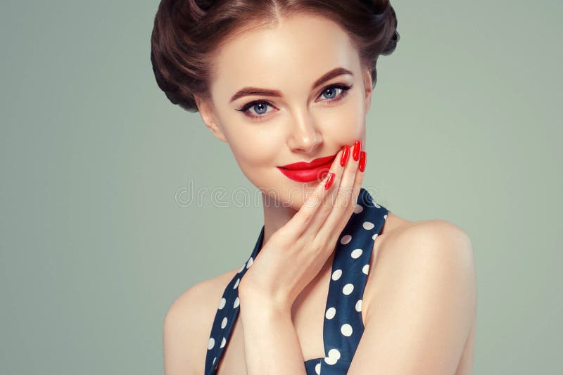 Pin Up Girl Vintage. Beautiful Woman Pinup Style Portrait in Retro Dress  and Makeup, Manicure Nails Hands, Red Lipstick and Polka Stock Image -  Image of beautiful, model: 137458723