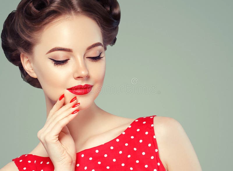 Pin Up Girl Vintage Beautiful Woman Pinup Style Portrait In Retro Dress And Makeup Manicure