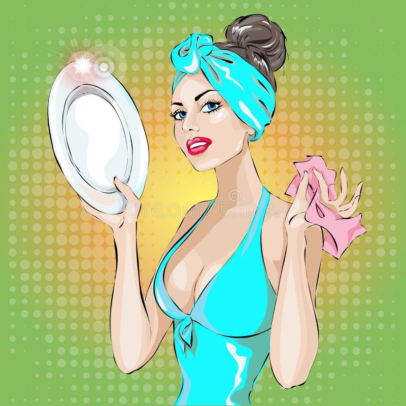 Pin-up Housewife Woman Portrait in Blue Dress Wash Up Plate pic