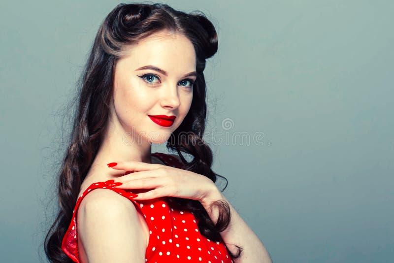 Pin Up Woman Portrait Beautiful Retro Female In Polka Dot Dress With Red Lips Stock Image