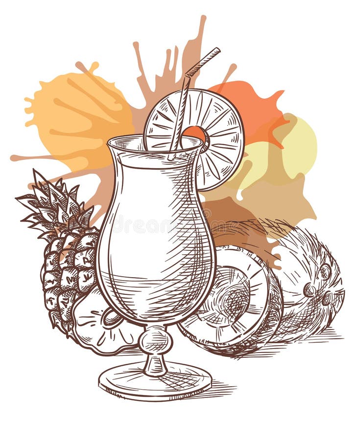 Pina Colada cocktail vector sketch. 