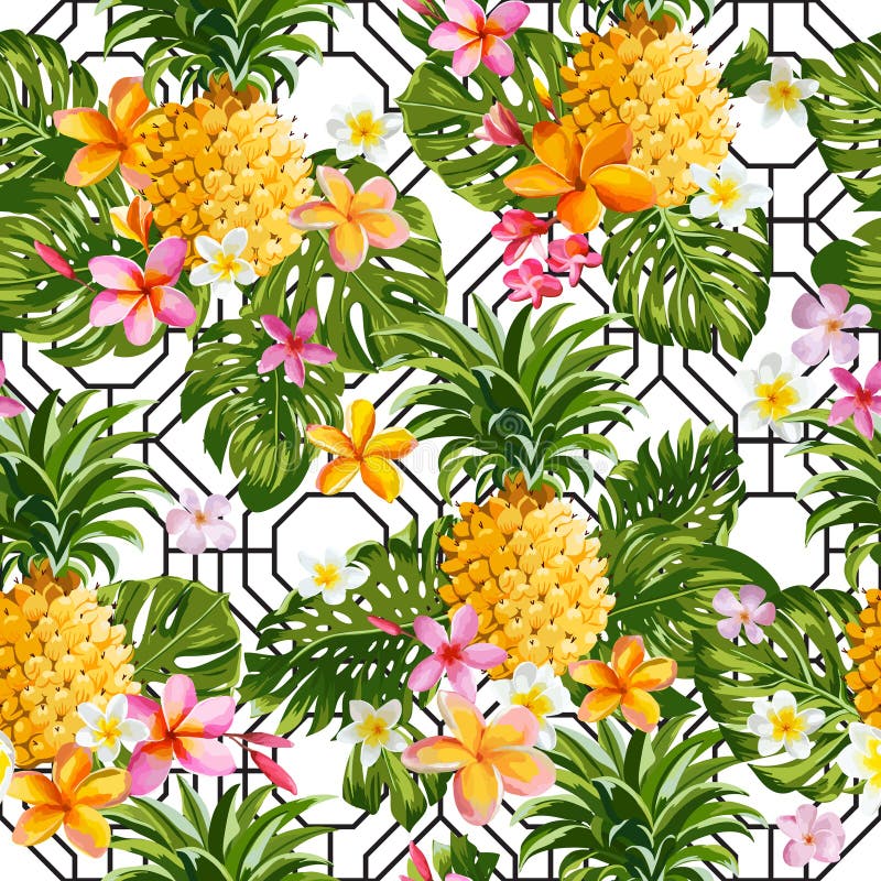 Pinapples y fondo tropical de la geometría de las flores libre illustration Pinapples y fondo tropical de la geometría de las flores libre illustration