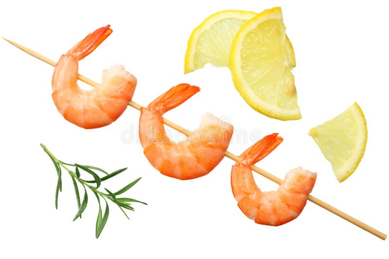 pinchos de los camarones con el limón y el romero aislados en un fondo blanco Visión superior imágenes de archivo libres de regalías pinchos de los camarones con el limón y el romero aislados en un fondo blanco Visión superior imágenes de archivo libres de regalías