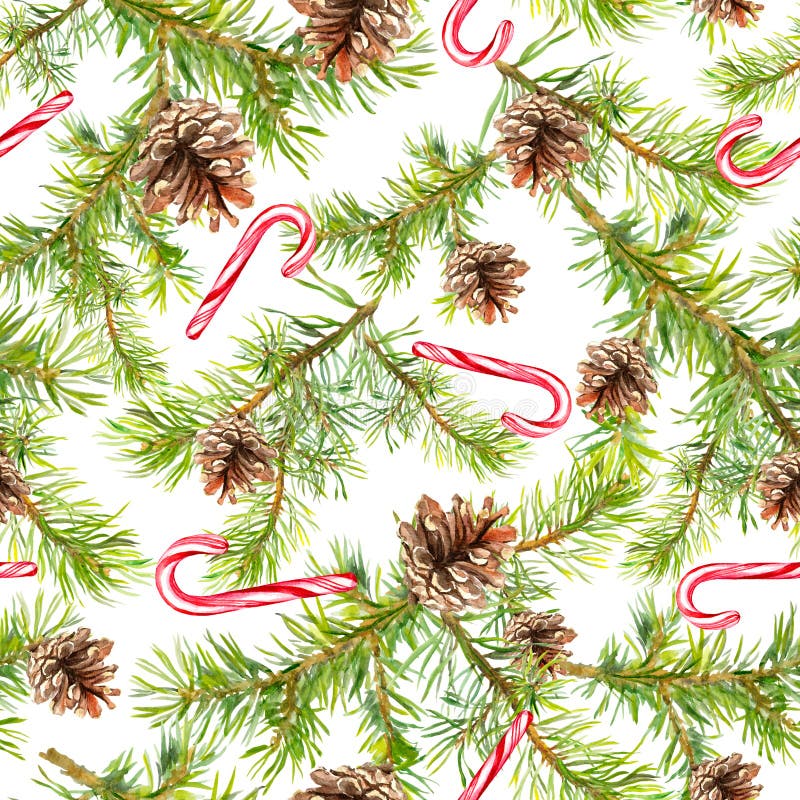 Pine christmas tree branches, candy cane. Seamless pattern. Watercolor