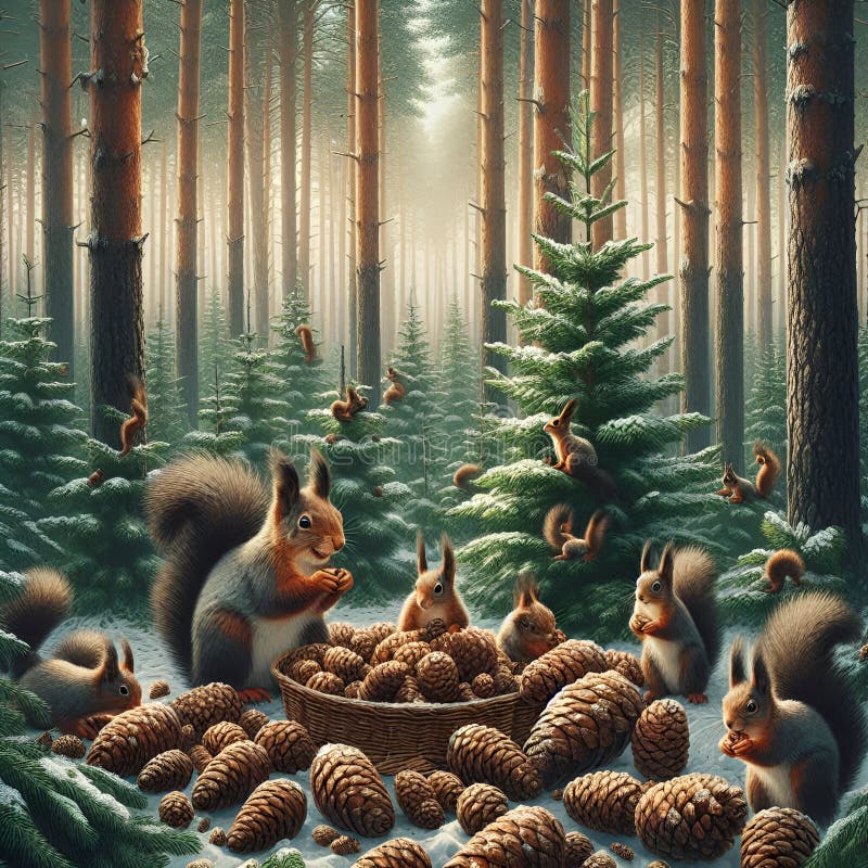 Pine Cone Picnic: Squirrel Indulging in Forest Freshness, Generative AI