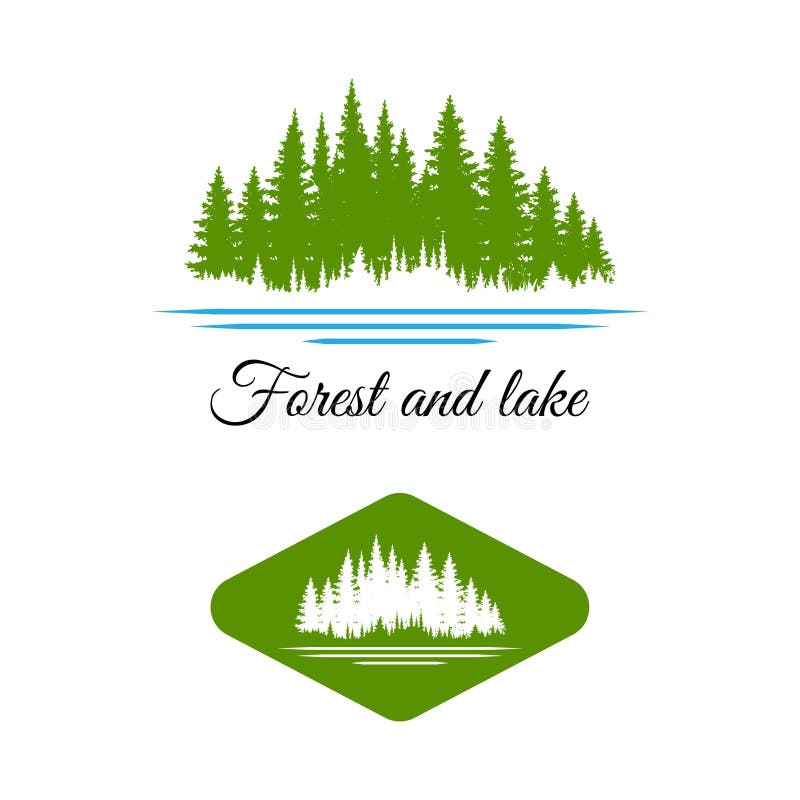 Pine forest and lake / river logo design vector