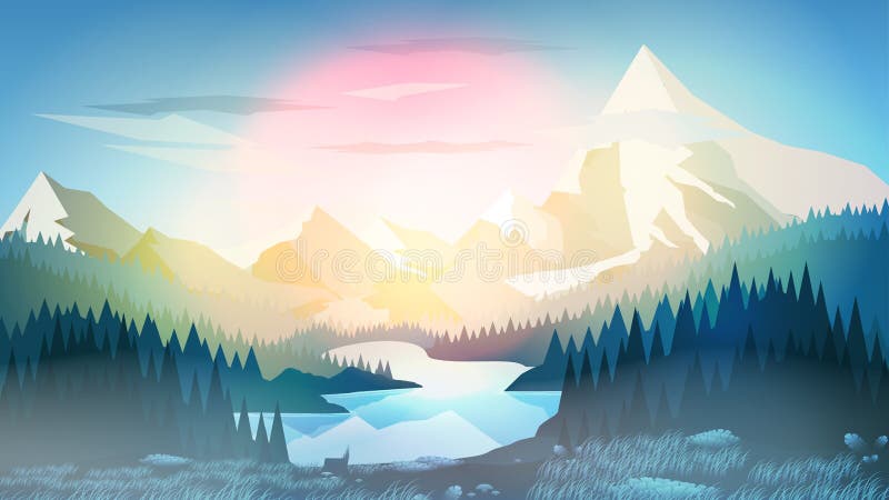 Pine Forest with Mountain Lake at Sunrise or Sunset - Vector Ill