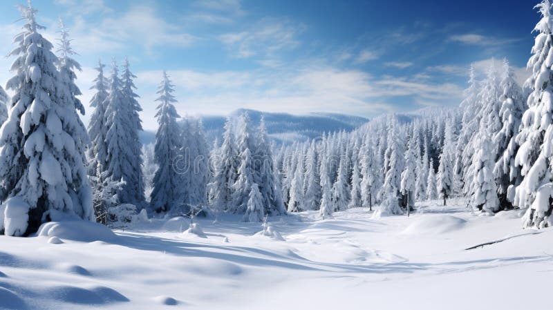 Pine forest in winter cowered with a thick white snow blanket and a star trail in the sky