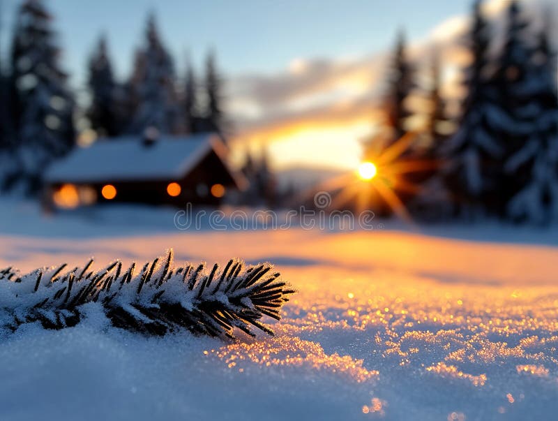 A pine tree branch in the snow in front of a cabin in the mountains stock images