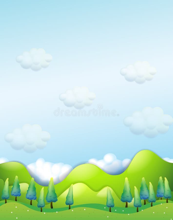 Hillside Pine Trees And Distant Mountains Stock Vector - Illustration ...