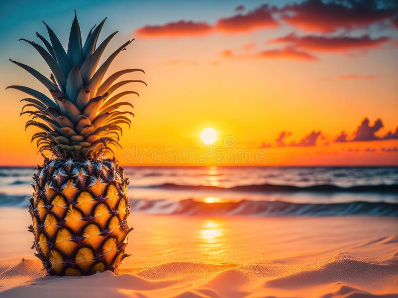 Pineapple on the Beach at Sunset. Copy Paste, Copy Space Stock