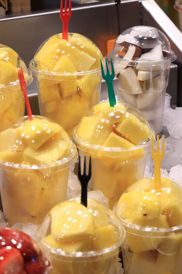 Pineapple Chunks in a Container Stock Photo Image of fork, fruit