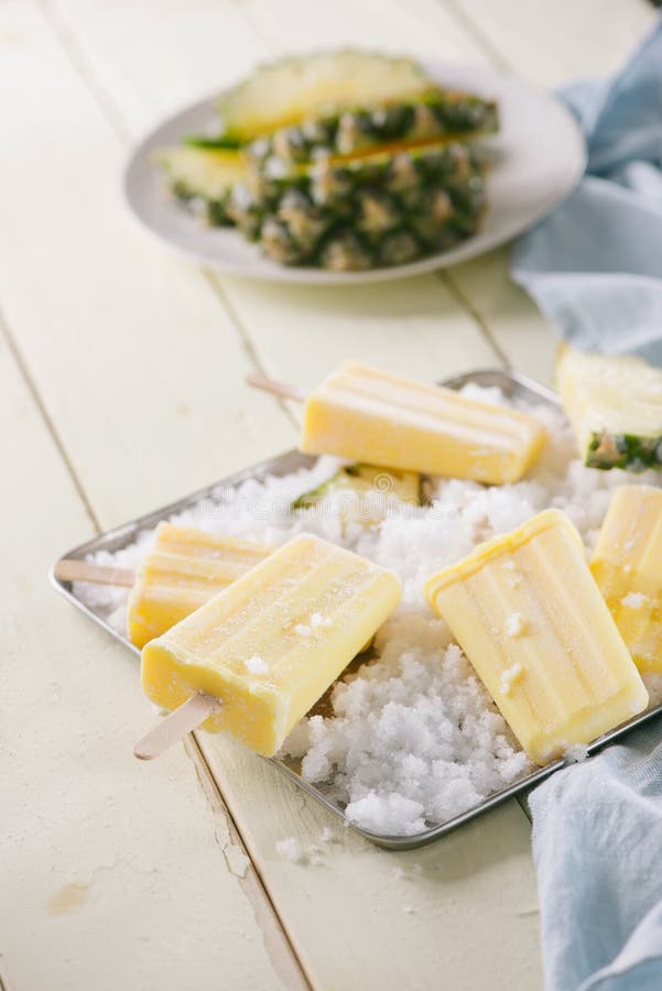 Pineapple Frozen Fruit Bars Popsicles. Selective Focus Stock Photo