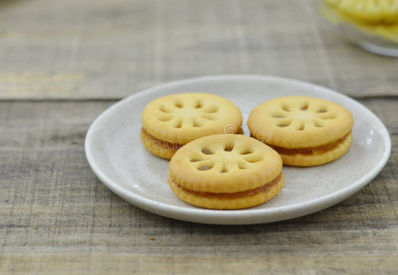 Pineapple Jam Cookies in Plate on Wooden Background Stock Image Image