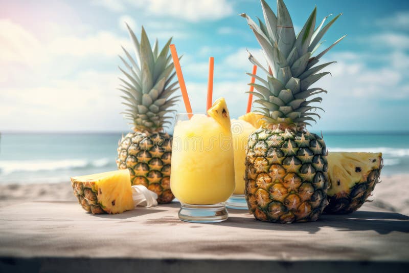 Pineapple Juice on Tropical Beach Background. Drink and Summer Concept