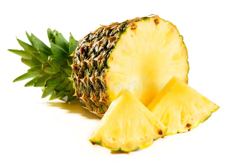Pineapple Juicy Yellow Fruit with Slices and Leaf Isolated on White