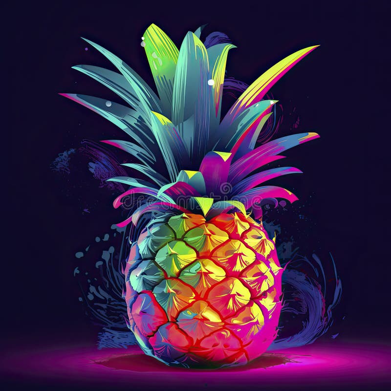 Pineapple in Neon Colors. Generative AI Stock Illustration