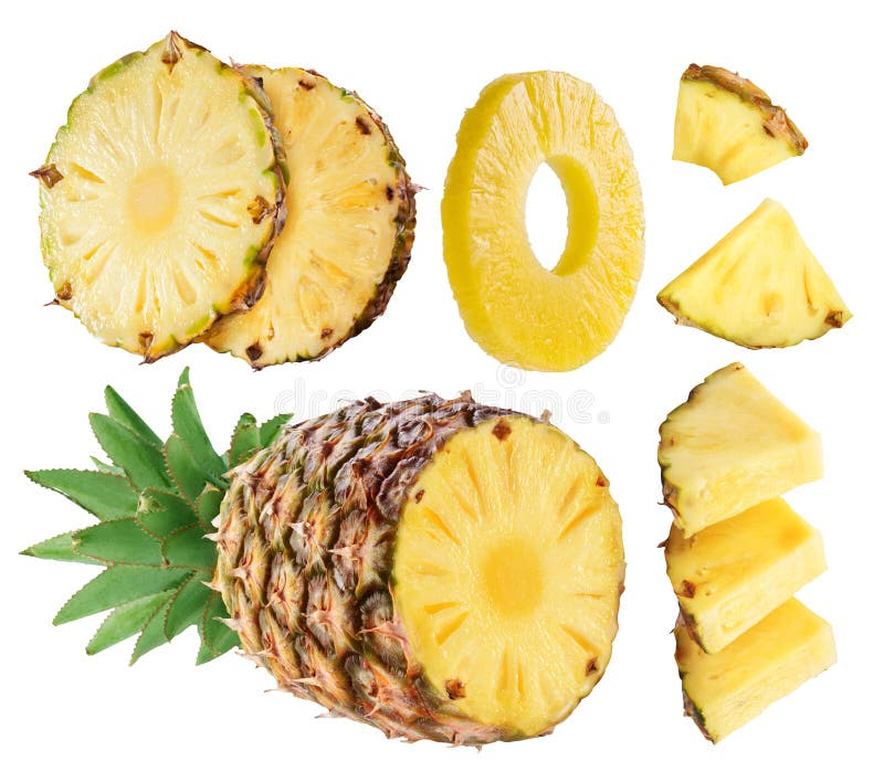 Pineapple segments and slices isolated on white background