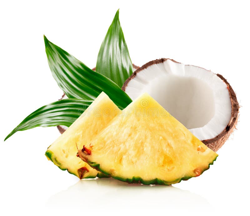 pineapple slices and half of coconut isolated on the white background